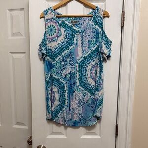 JM Collection Teal and Purple Geometric Cold Shoulder Top